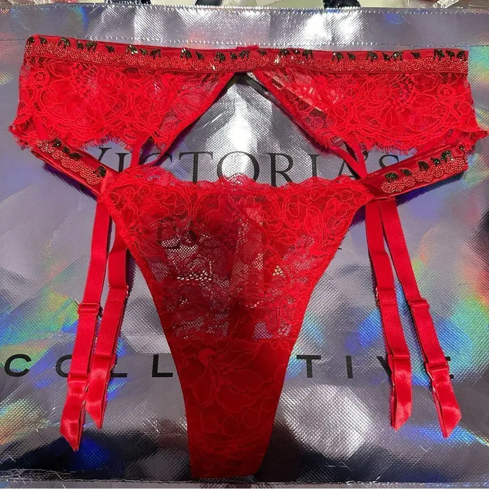 Victoria's Secret Cherry Red Shine Strap Lace Garter Belt and Thong